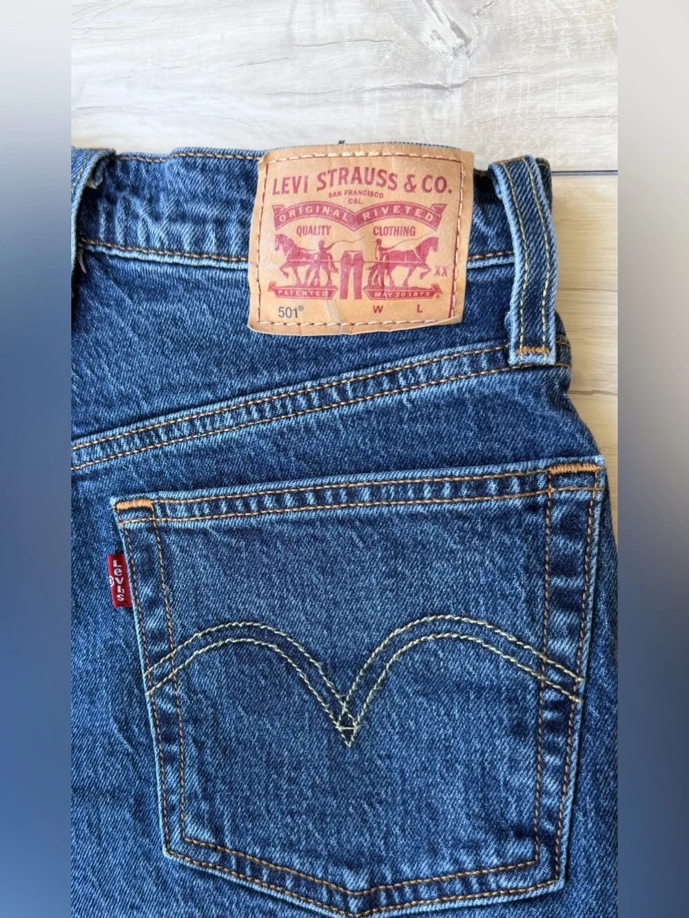 Levi's 501 Button Fly High Rise Dark Blue Indigo Distressed Denim Cutoff Shorts - Picture 3 of 11
